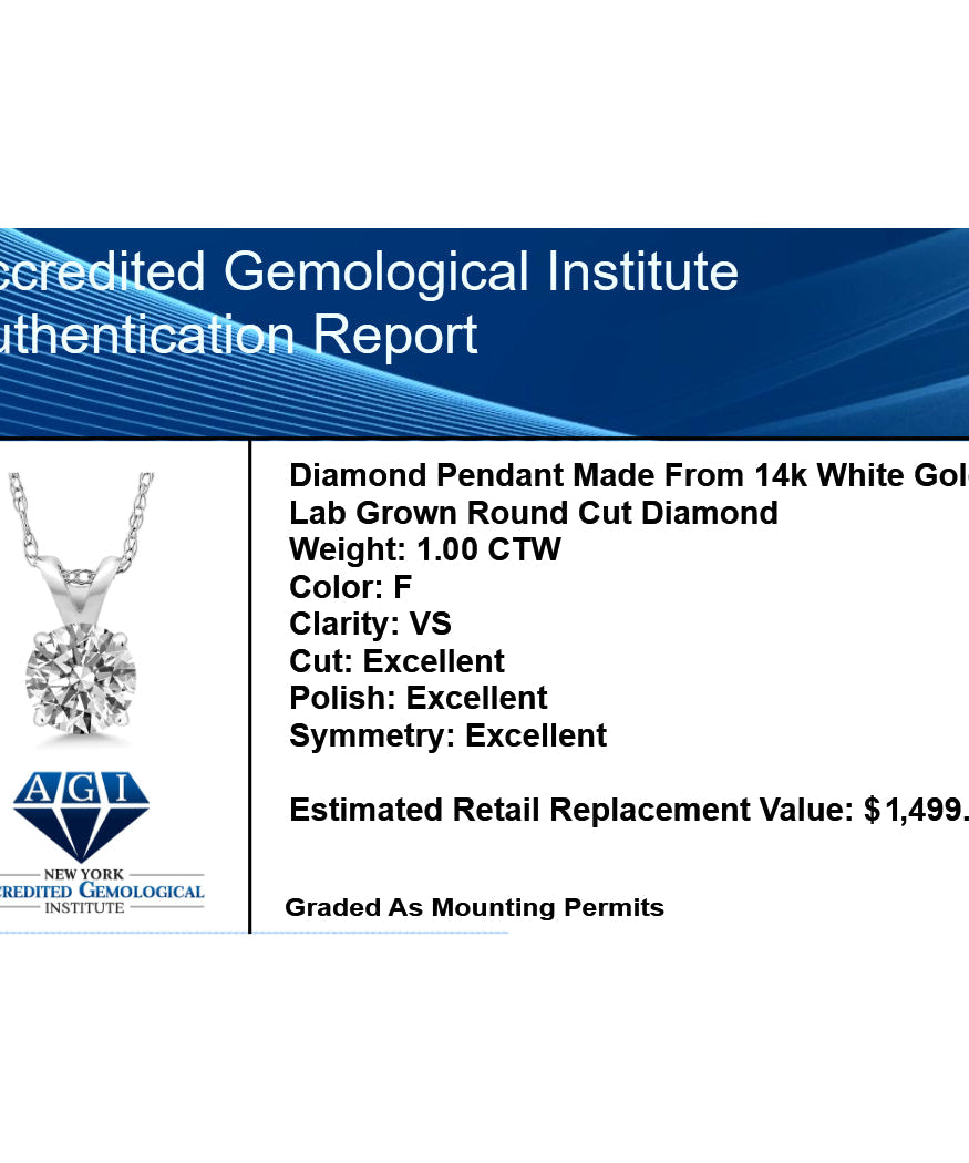 1.00 CTW Lab-Grown Round Diamond Solitaire Pendant in Solid 14K Gold – F Color, VS Clarity, AGI Certified