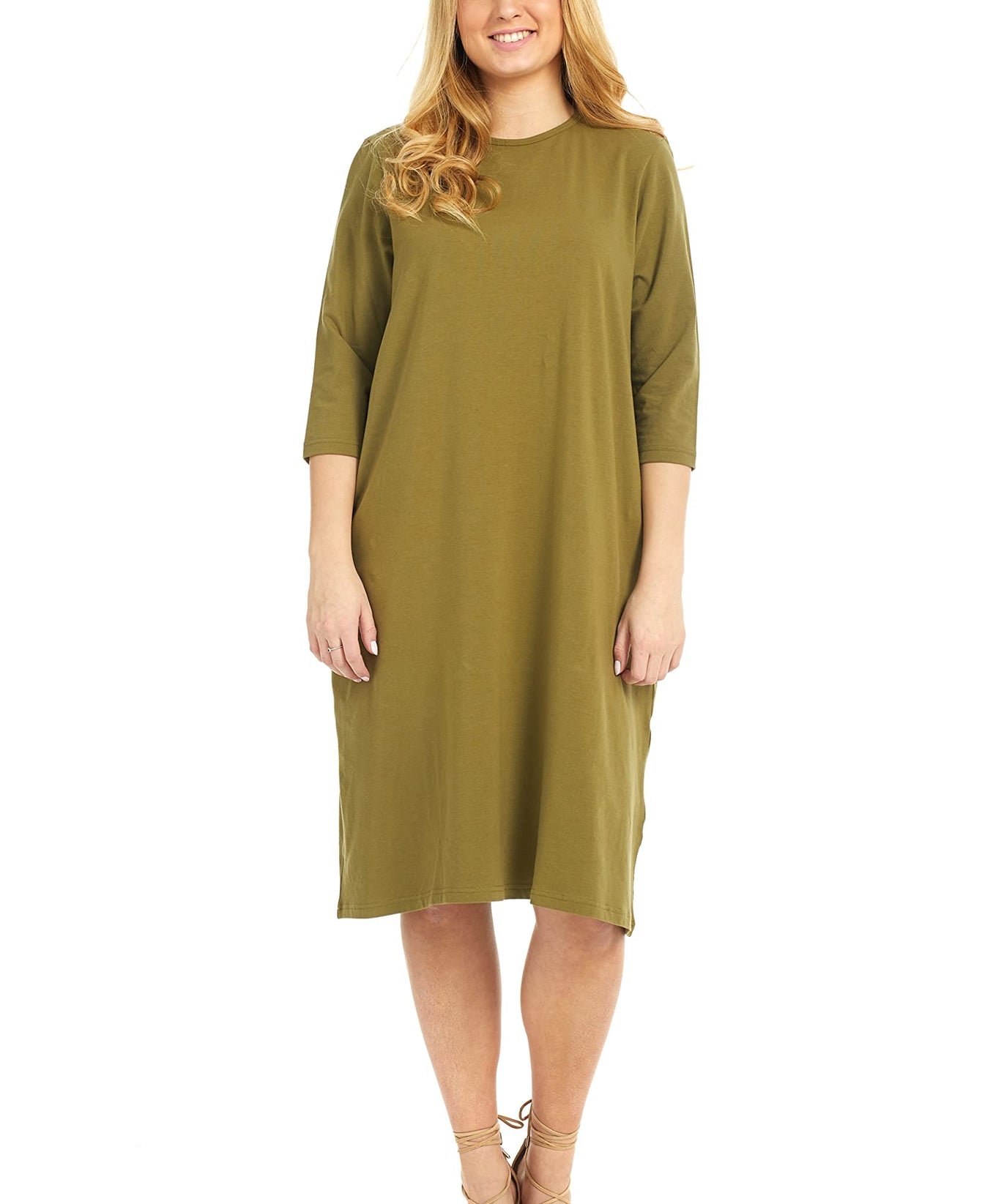 ESTEEZ Knee Length Dress for Women - 3/4 Length Dress for Women - Tee Dress (EX803165 Olive X-Small)