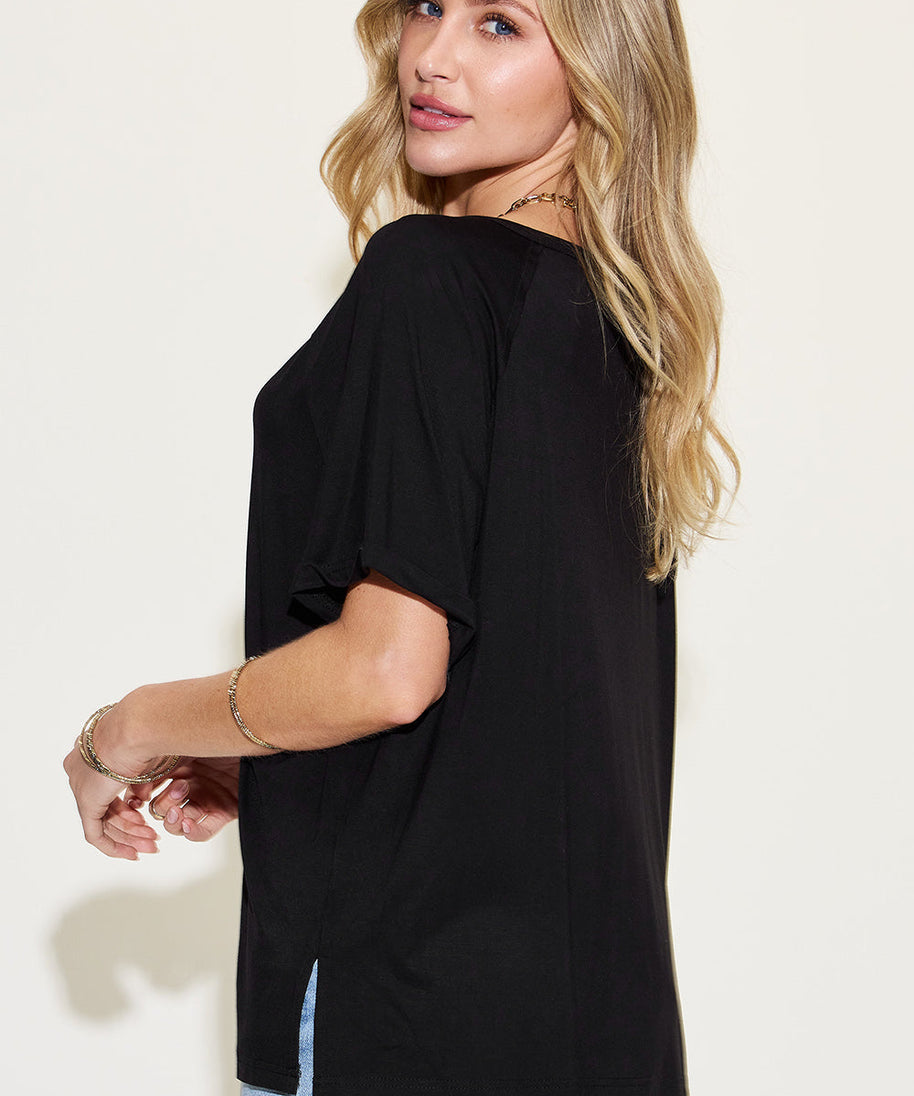Basic Bae Full Size Bamboo Slit V-Neck Short Sleeve T-Shirt