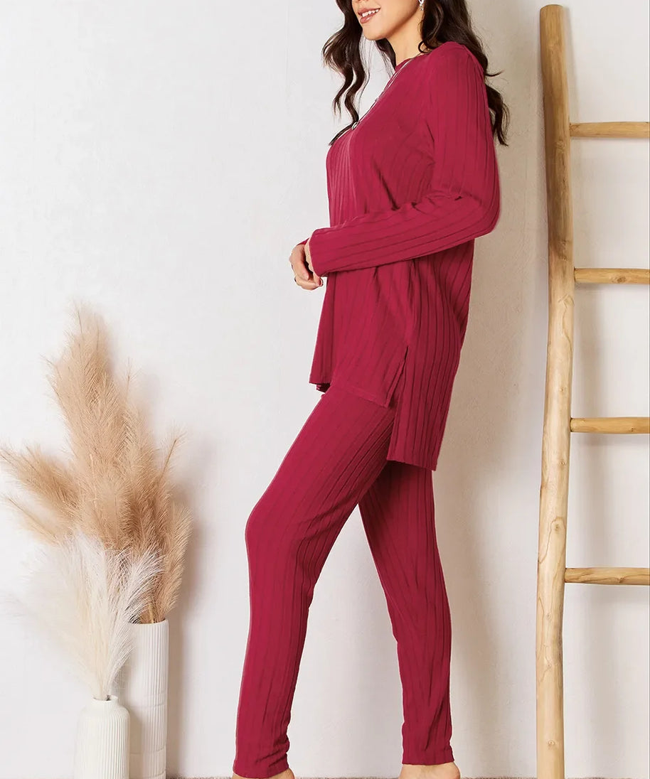 Basic Bae Full Size Ribbed Round Neck High-Low Slit Top and Pants Set