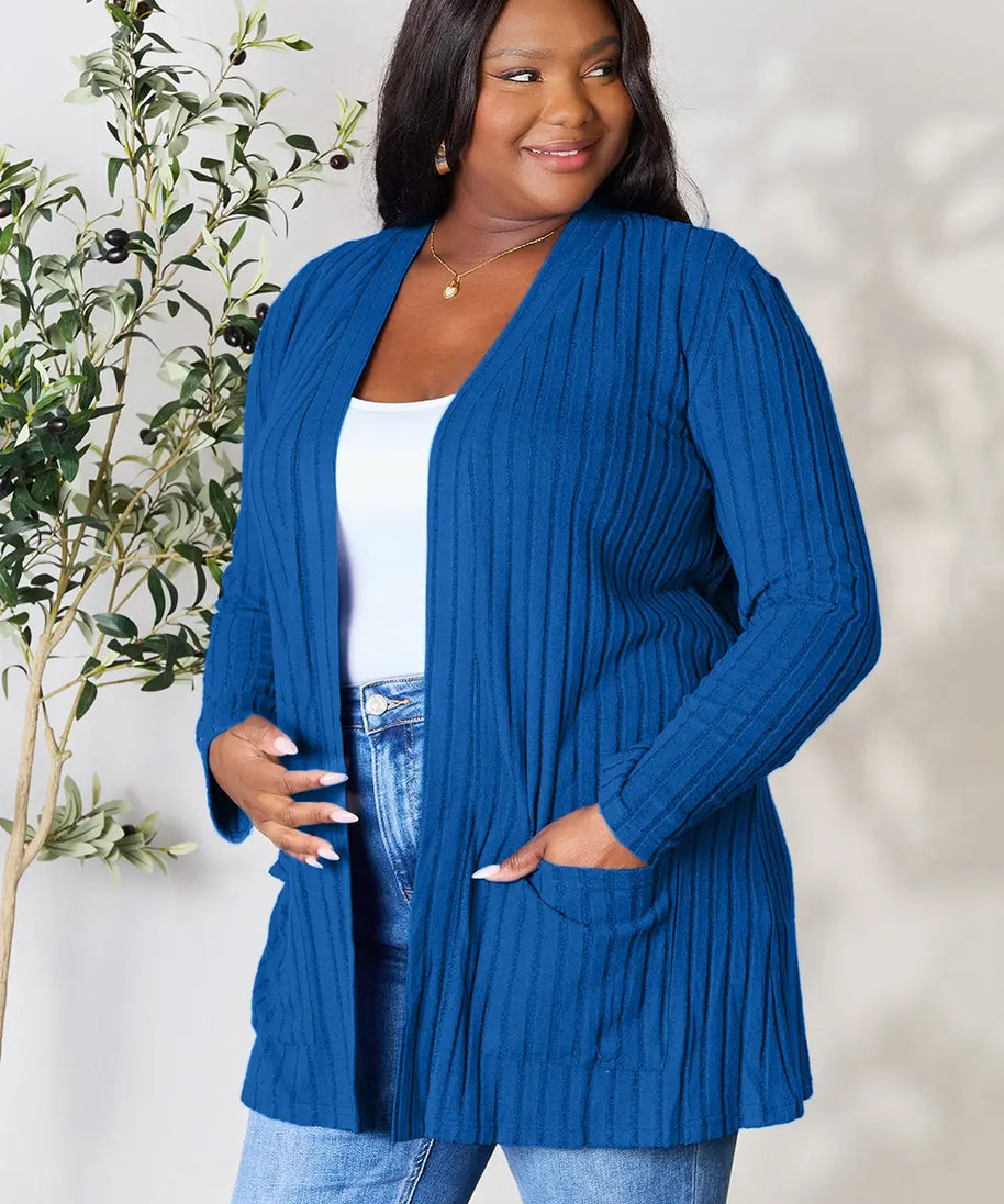 Basic Bae Full Size Ribbed Open Front Cardigan with Pockets