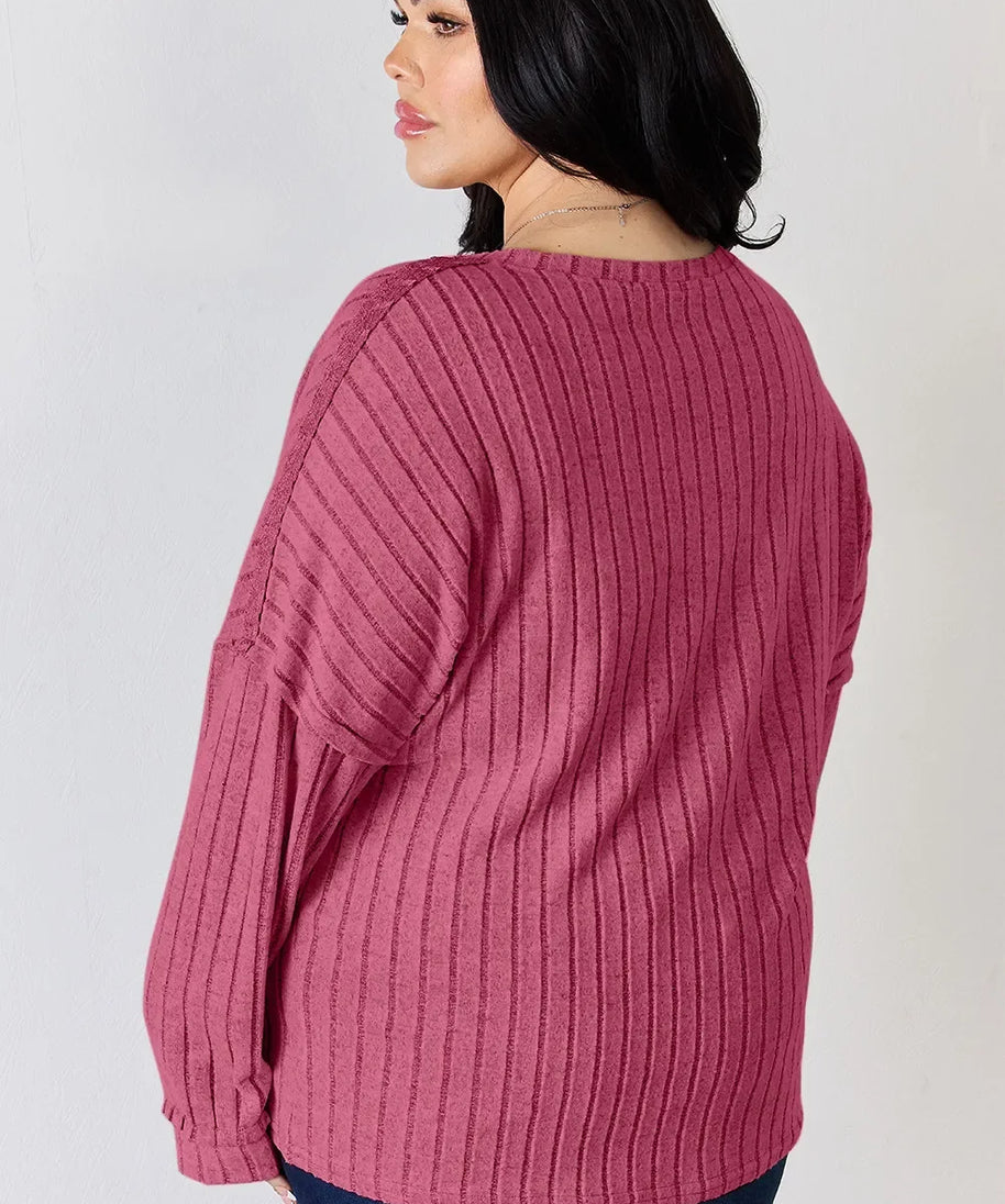Basic Bae Full Size Ribbed Half Button Long Sleeve T-Shirt