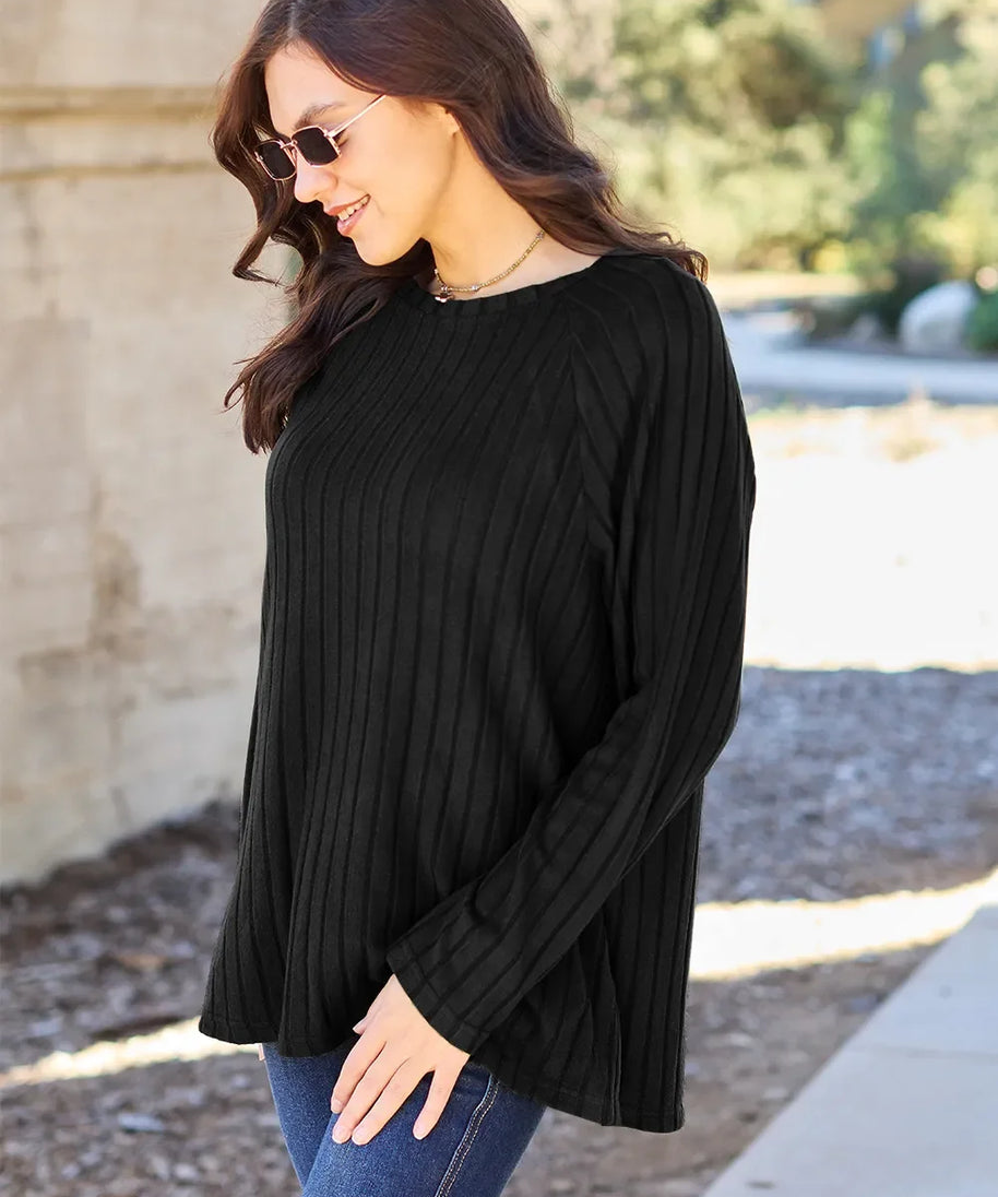Basic Bae Full Size Ribbed Round Neck Long Sleeve Knit Top