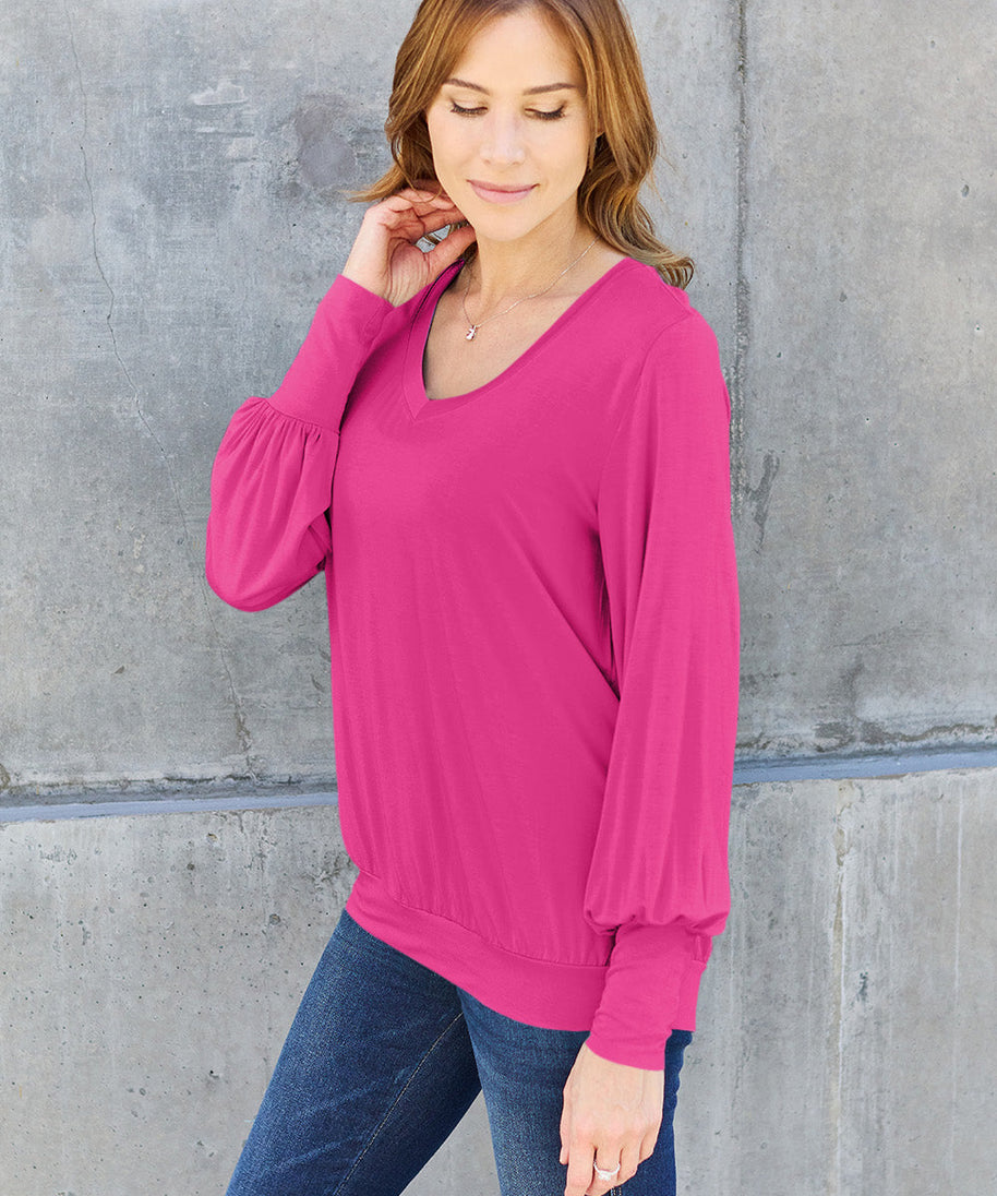 Basic Bae Full Size V-Neck Lantern Sleeve Top