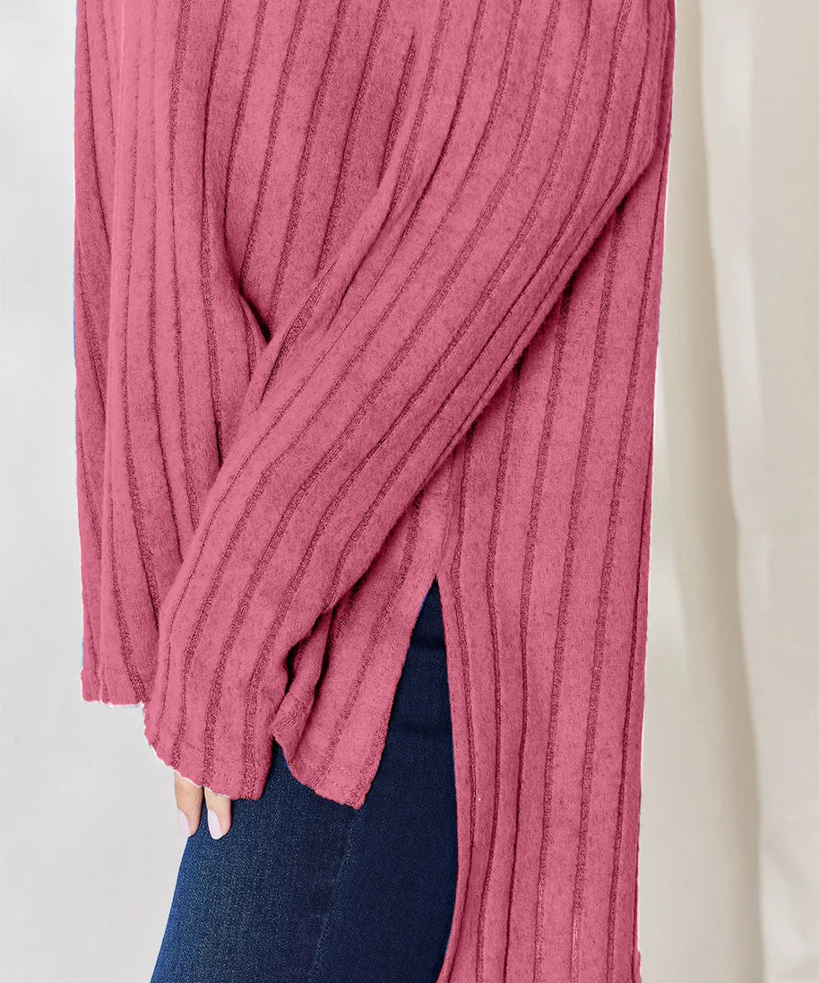 Basic Bae Full Size Ribbed Half Button Long Sleeve High-Low T-Shirt