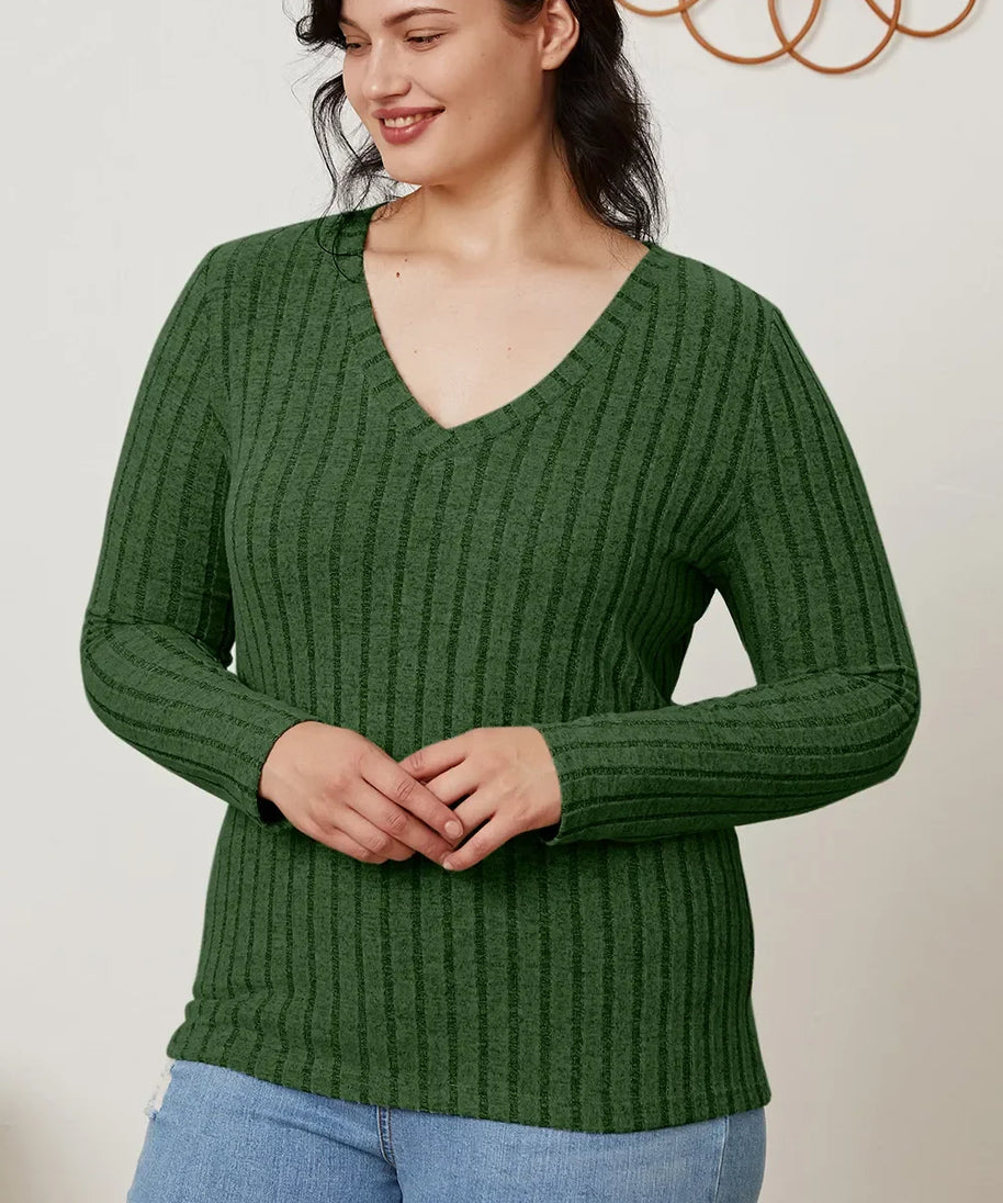 Basic Bae Full Size Ribbed V-Neck Long Sleeve T-Shirt