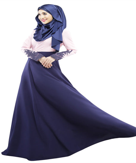 Stylish Color Block Muslim Long Dress with Lace Sleeves