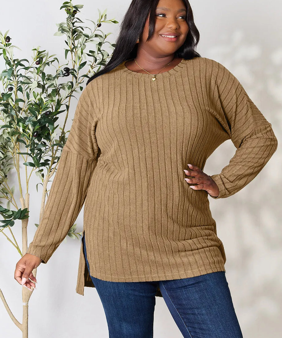 Basic Bae Full Size Ribbed Round Neck Long Sleeve Slit Top