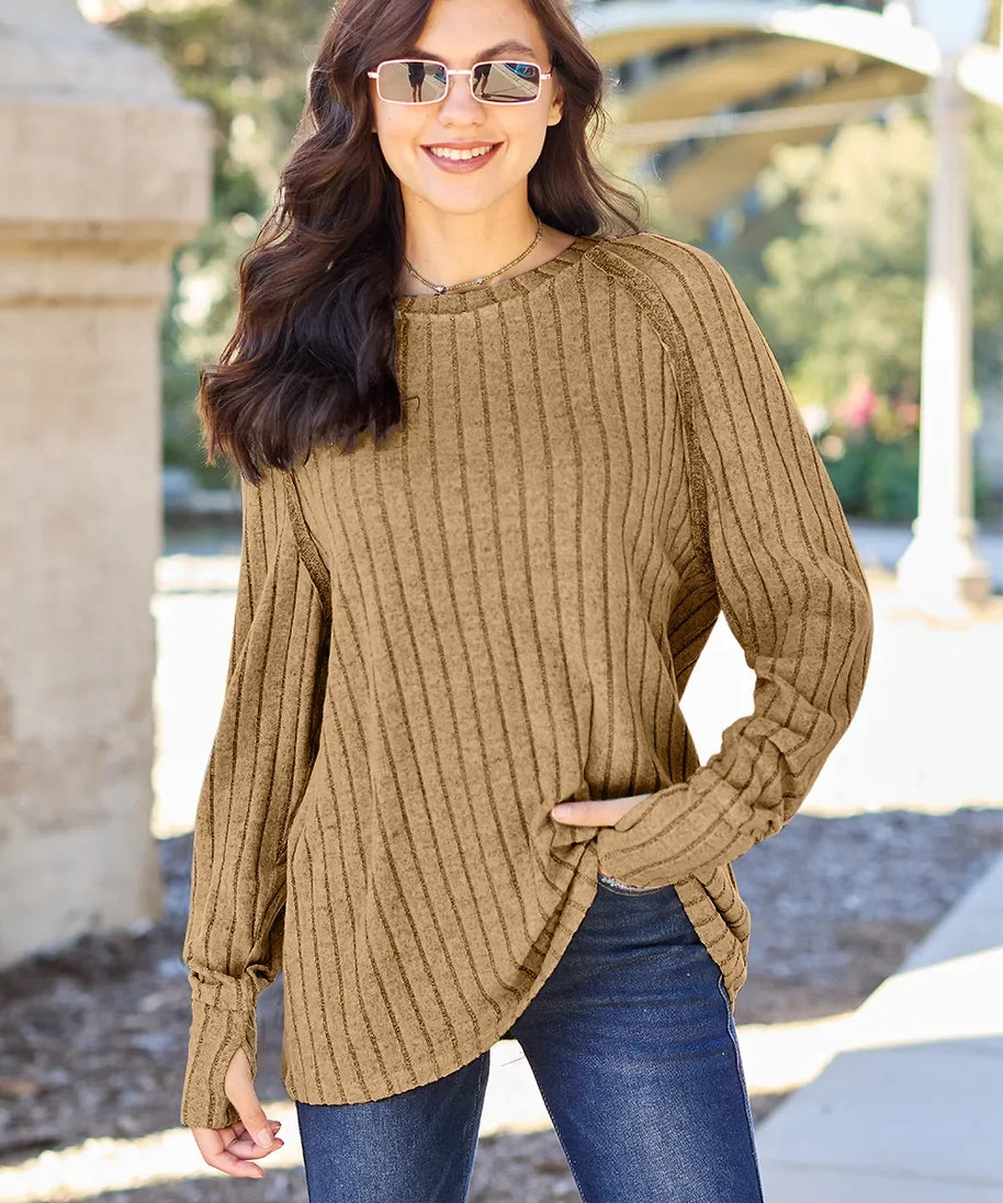 Basic Bae Full Size Ribbed Round Neck Long Sleeve Knit Top