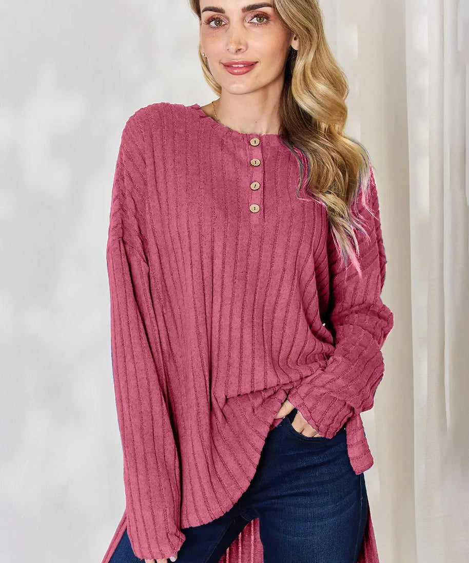 Basic Bae Full Size Ribbed Half Button Long Sleeve High-Low T-Shirt