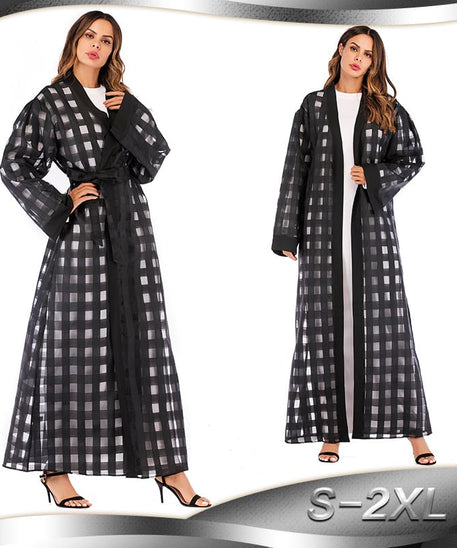 Muslim Plaid Loose Sleeve Lace-Up Robe for Women