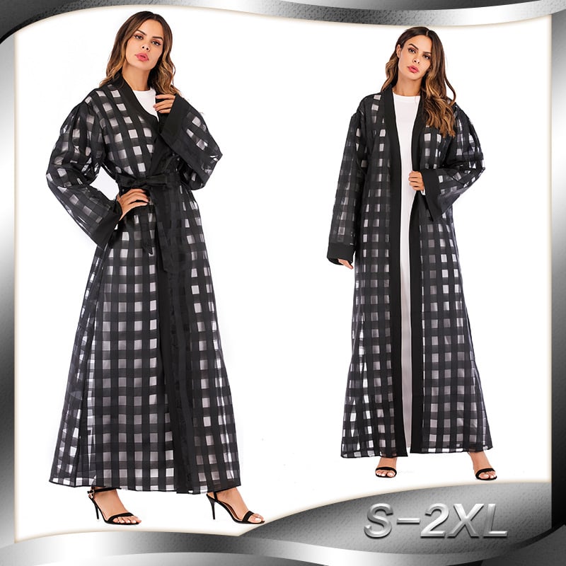 Muslim Plaid Loose Sleeve Lace-Up Robe for Women