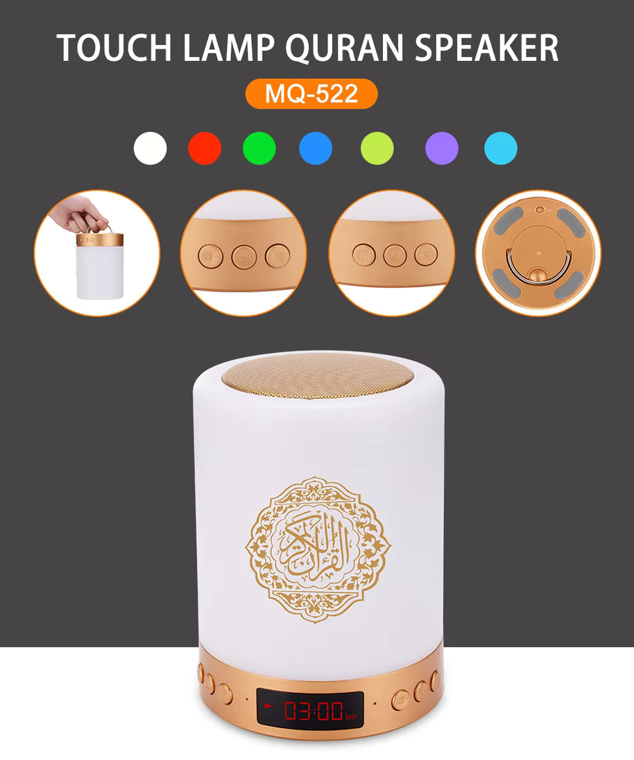 Haut-parleur Bluetooth Coran avec lumière LED – 18 voix, 12 langues, radio FM et MP3