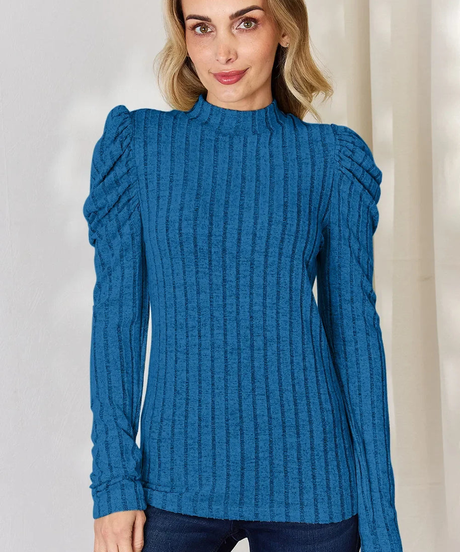 Basic Bae Full Size Ribbed Mock Neck Puff Sleeve T-Shirt