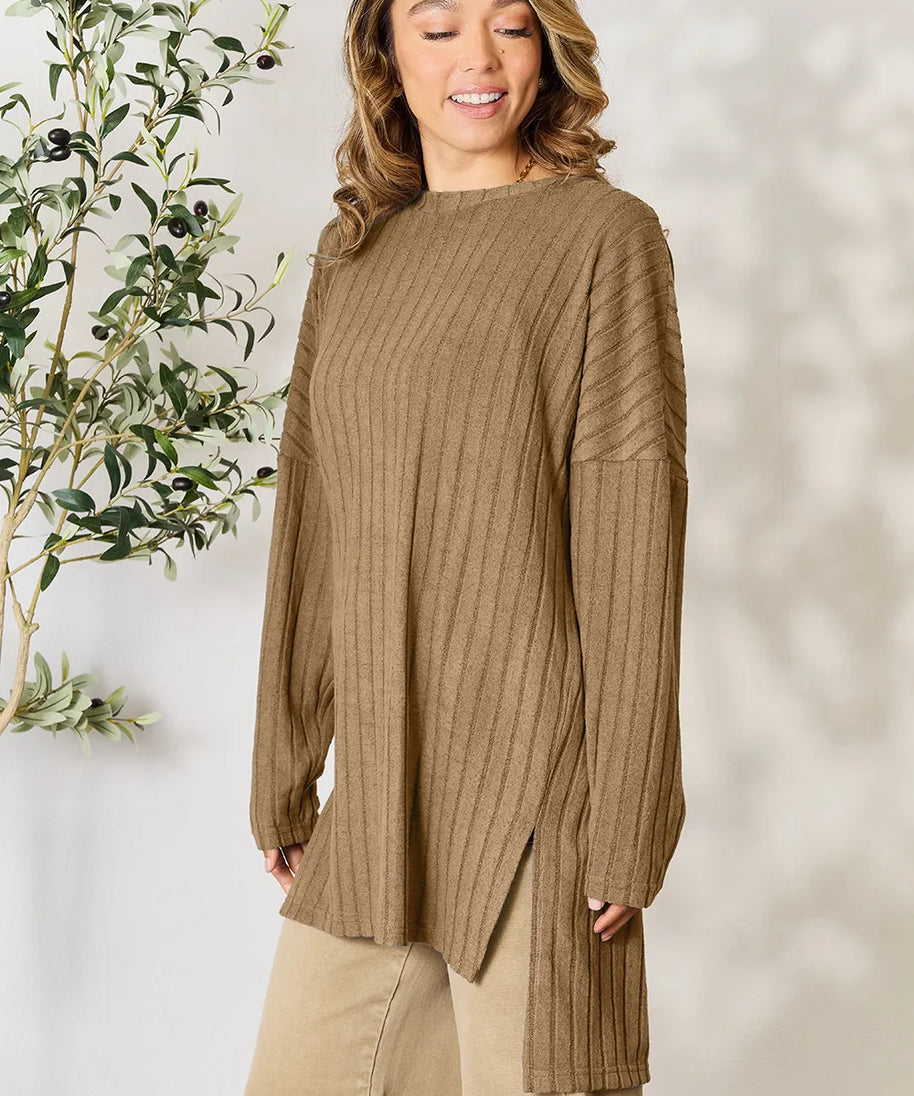 Basic Bae Full Size Ribbed Round Neck Long Sleeve Slit Top