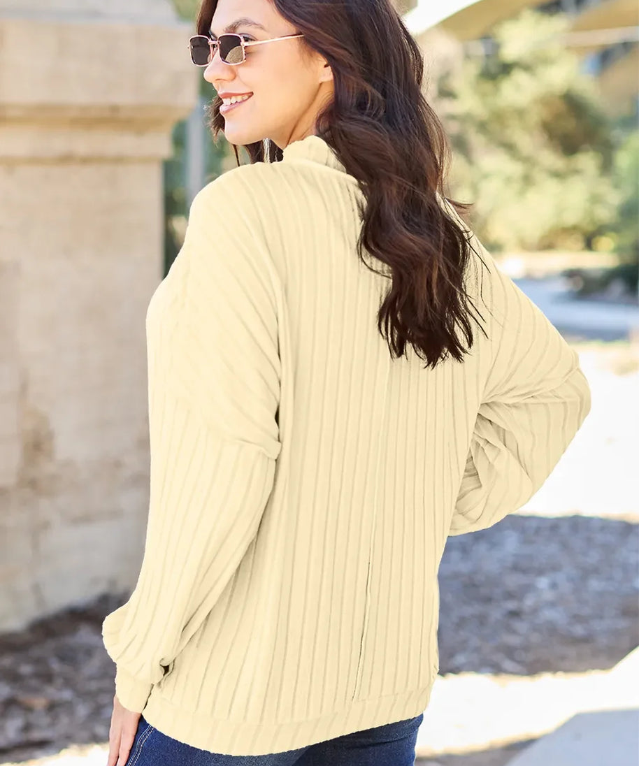 Basic Bae Full Size Ribbed Exposed Seam Mock Neck Knit Top