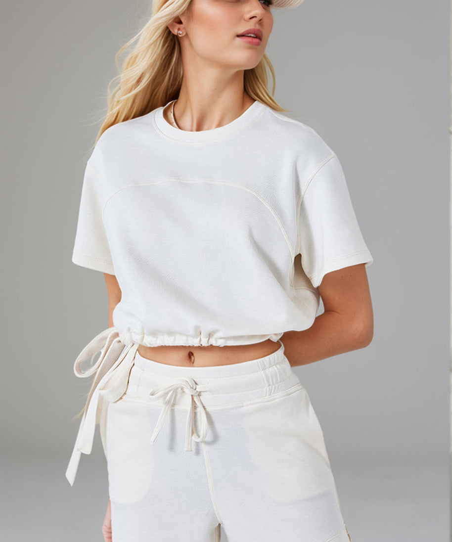 Basic Bae Drawstring Hem Air Scuba Round Neck Short Sleeve T-Shirt