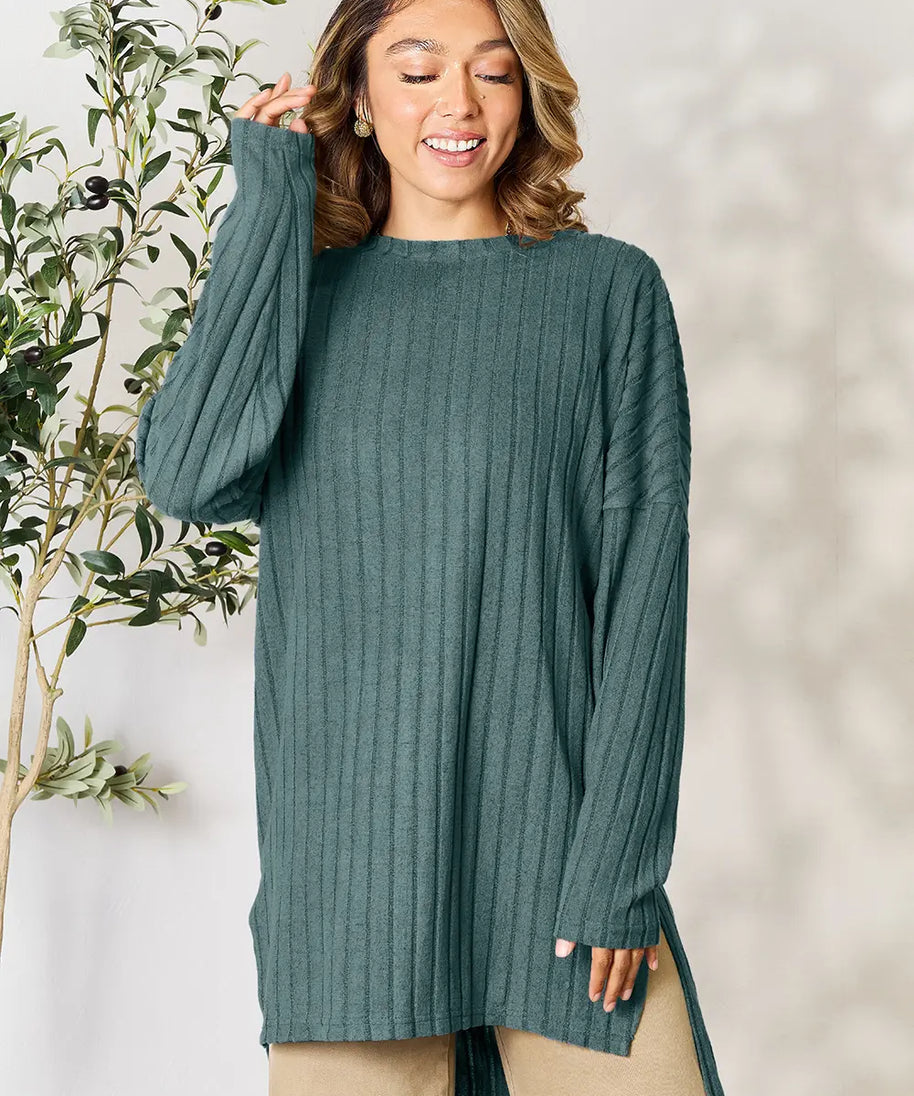 Basic Bae Full Size Ribbed Round Neck Long Sleeve Slit Top