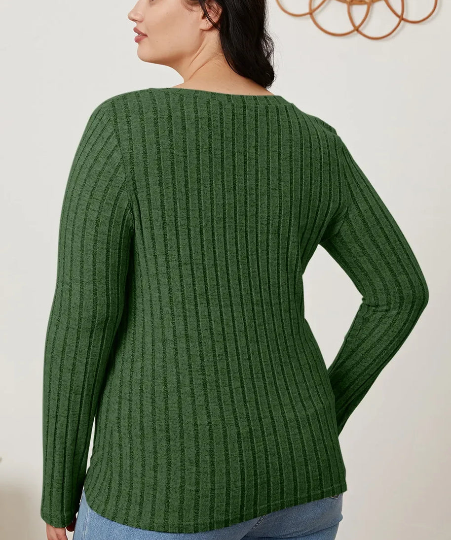 Basic Bae Full Size Ribbed V-Neck Long Sleeve T-Shirt