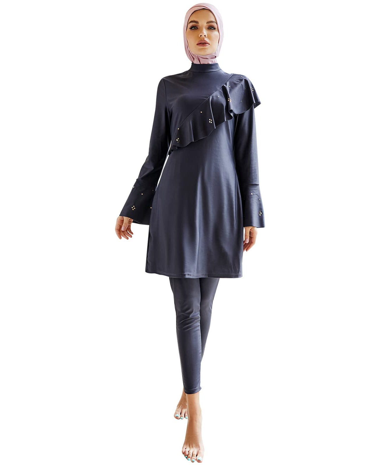 Muslim Swimsuits for Women Modest Islamic Arabic Swimwear Burkini Full Cover Hijab Long Sleeve Muslim Dress Tops + Pants Set with Swim Cap Sun Protection Rash Guard Bathing Suit Grey-Blue XL