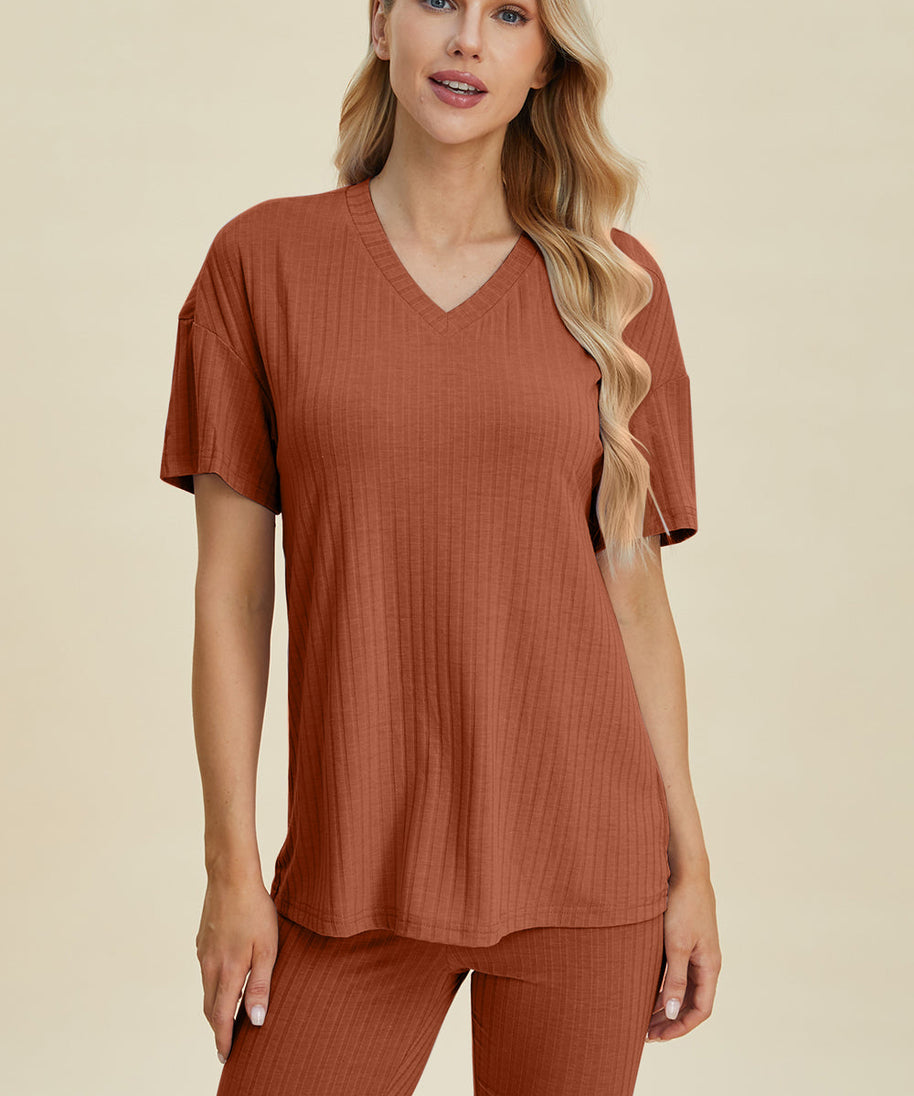 Basic Bae Full Size Ribbed V-Neck Short Sleeve Top and Shorts Set