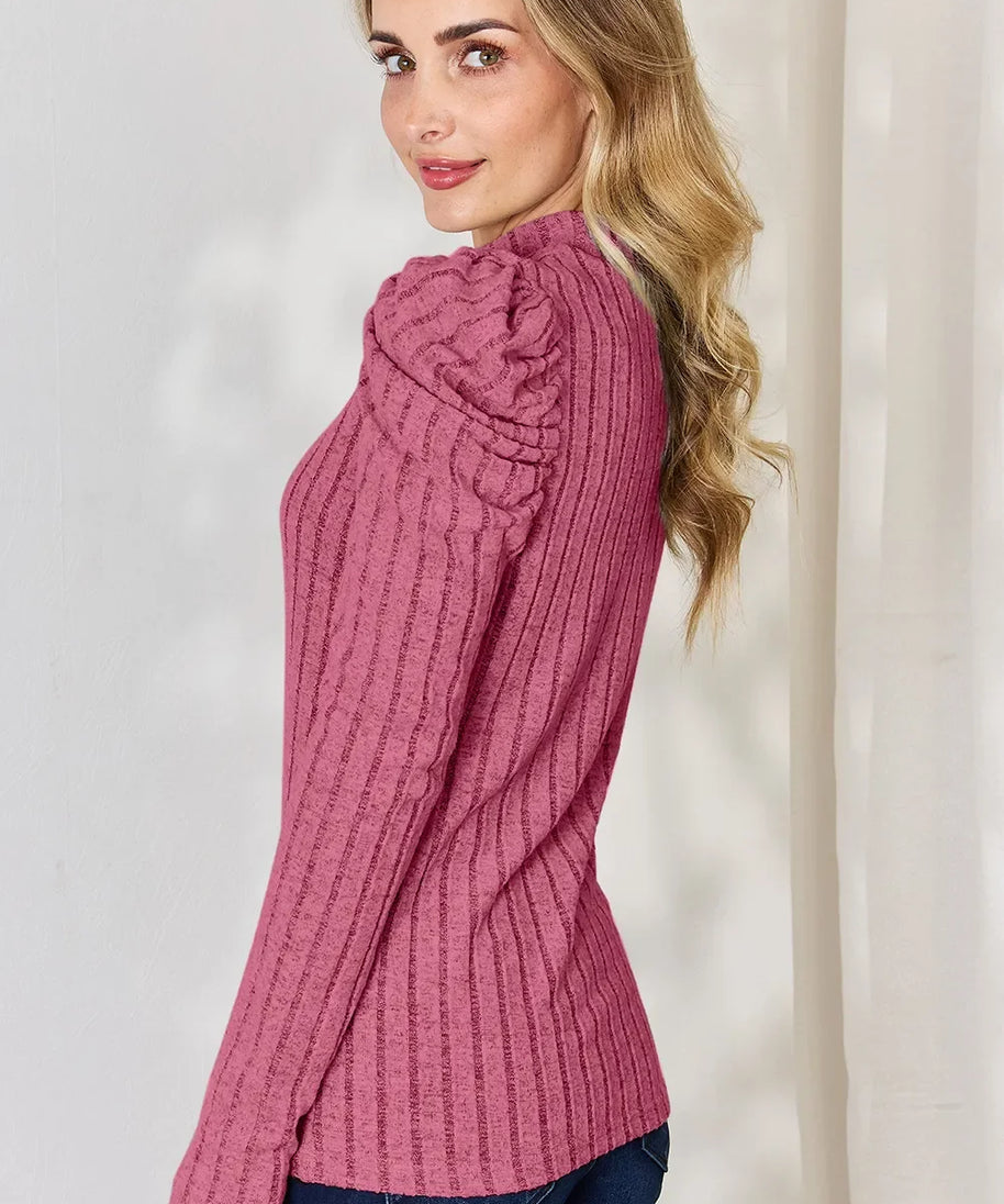 Basic Bae Full Size Ribbed Mock Neck Puff Sleeve T-Shirt