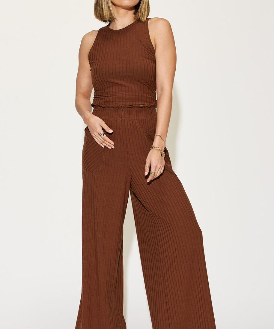 Basic Bae Full Size Ribbed Tank and Wide Leg Pants Set
