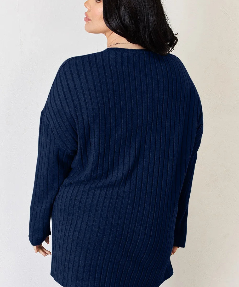 Basic Bae Full Size Ribbed Half Button Long Sleeve High-Low T-Shirt