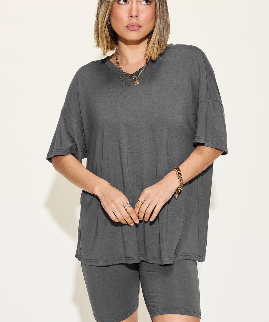 Basic Bae Full Size V-Neck Drop Shoulder T-Shirt and Shorts Set