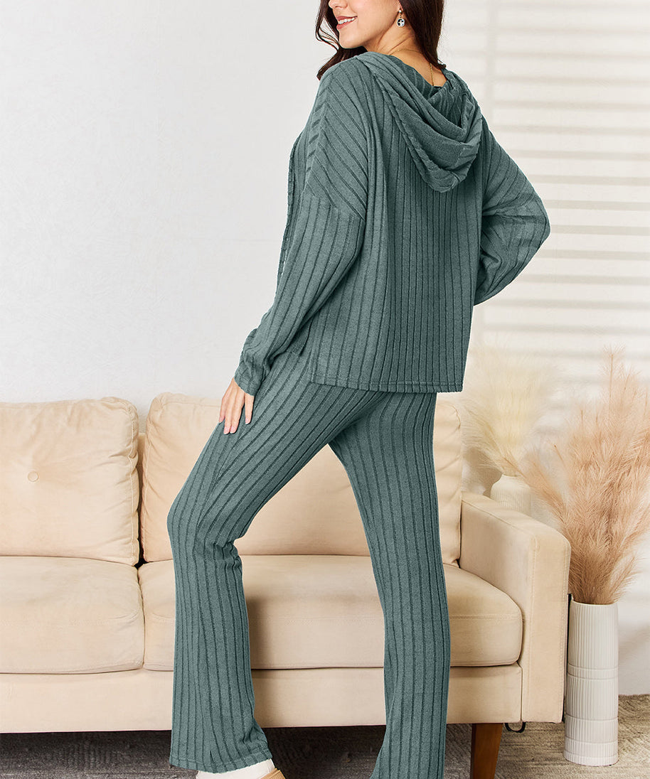 Basic Bae Full Size Ribbed Drawstring Hooded Top and Straight Pants Set