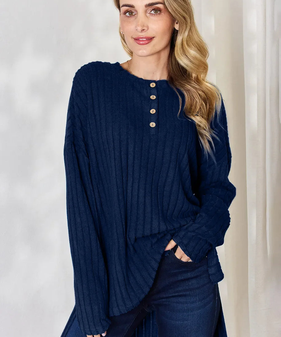Basic Bae Full Size Ribbed Half Button Long Sleeve High-Low T-Shirt