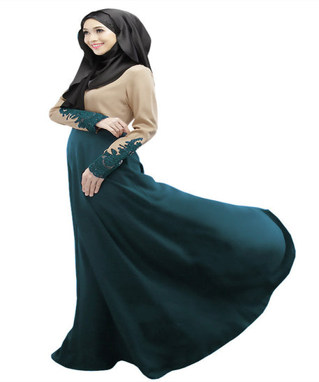 Stylish Color Block Muslim Long Dress with Lace Sleeves