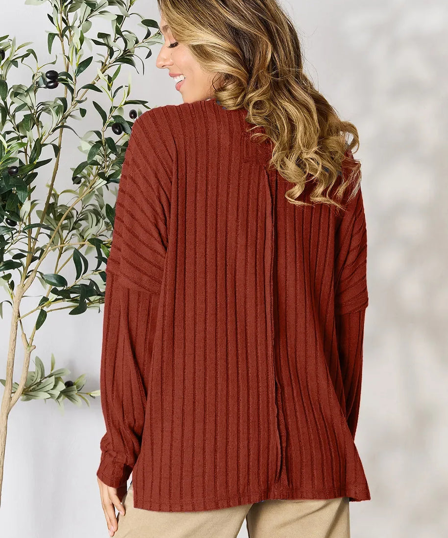 Basic Bae Full Size Ribbed Round Neck Slit Knit Top