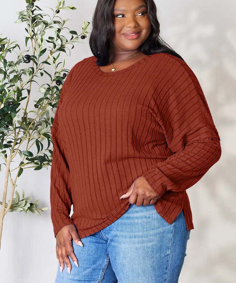 Basic Bae Full Size Ribbed Round Neck Slit Knit Top
