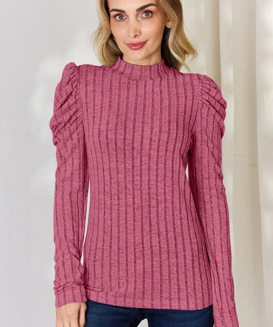 Basic Bae Full Size Ribbed Mock Neck Puff Sleeve T-Shirt