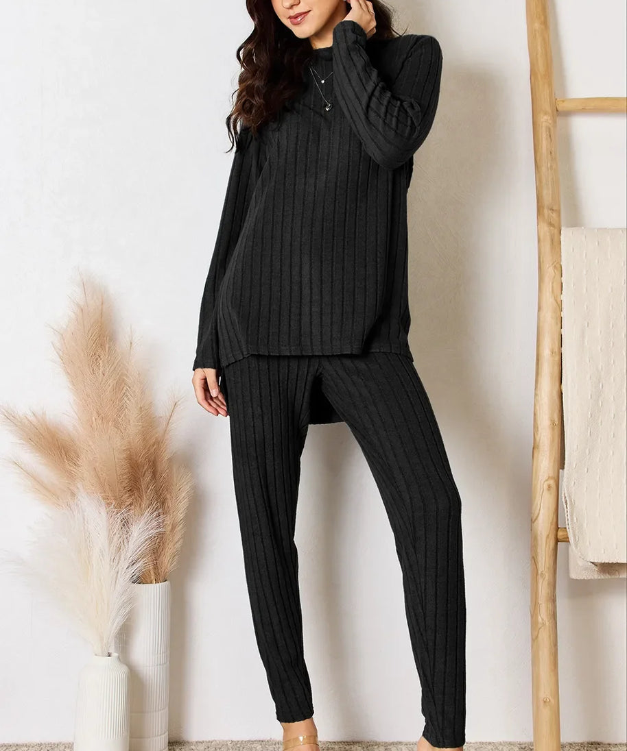Basic Bae Full Size Ribbed Round Neck High-Low Slit Top and Pants Set