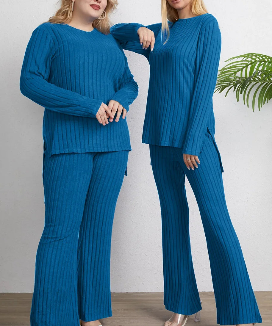 Basic Bae Full Size Ribbed High-Low Top and Wide Leg Pants Set