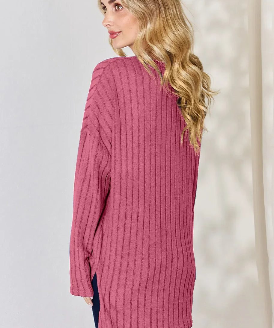 Basic Bae Full Size Ribbed Half Button Long Sleeve High-Low T-Shirt