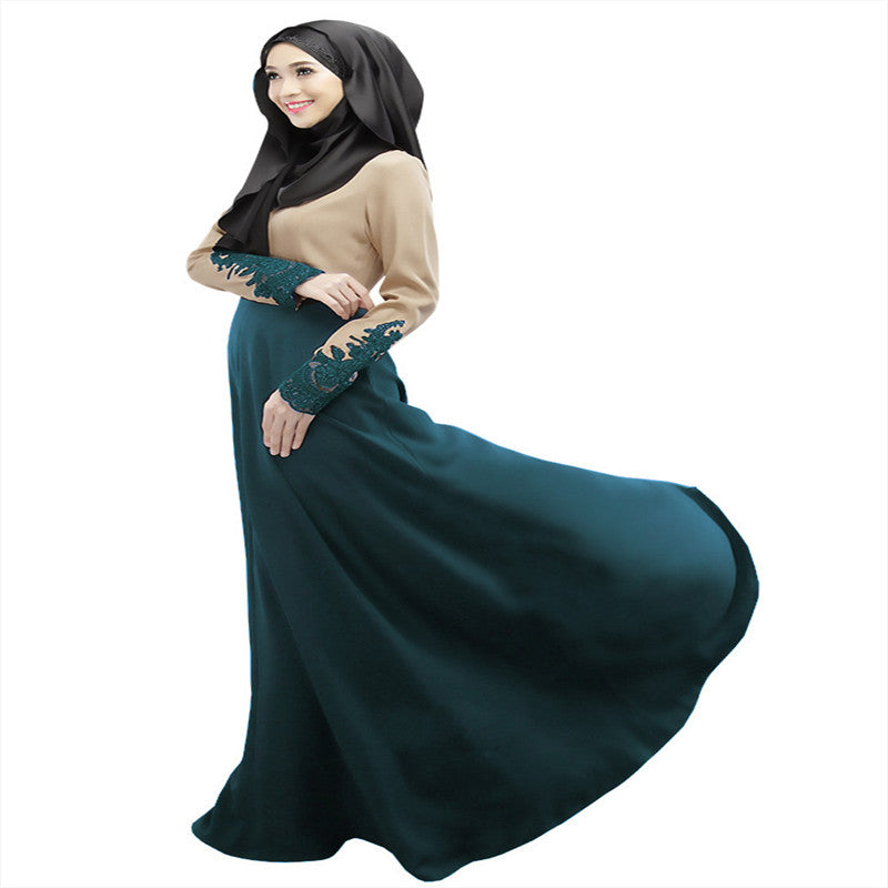 Stylish Color Block Muslim Long Dress with Lace Sleeves