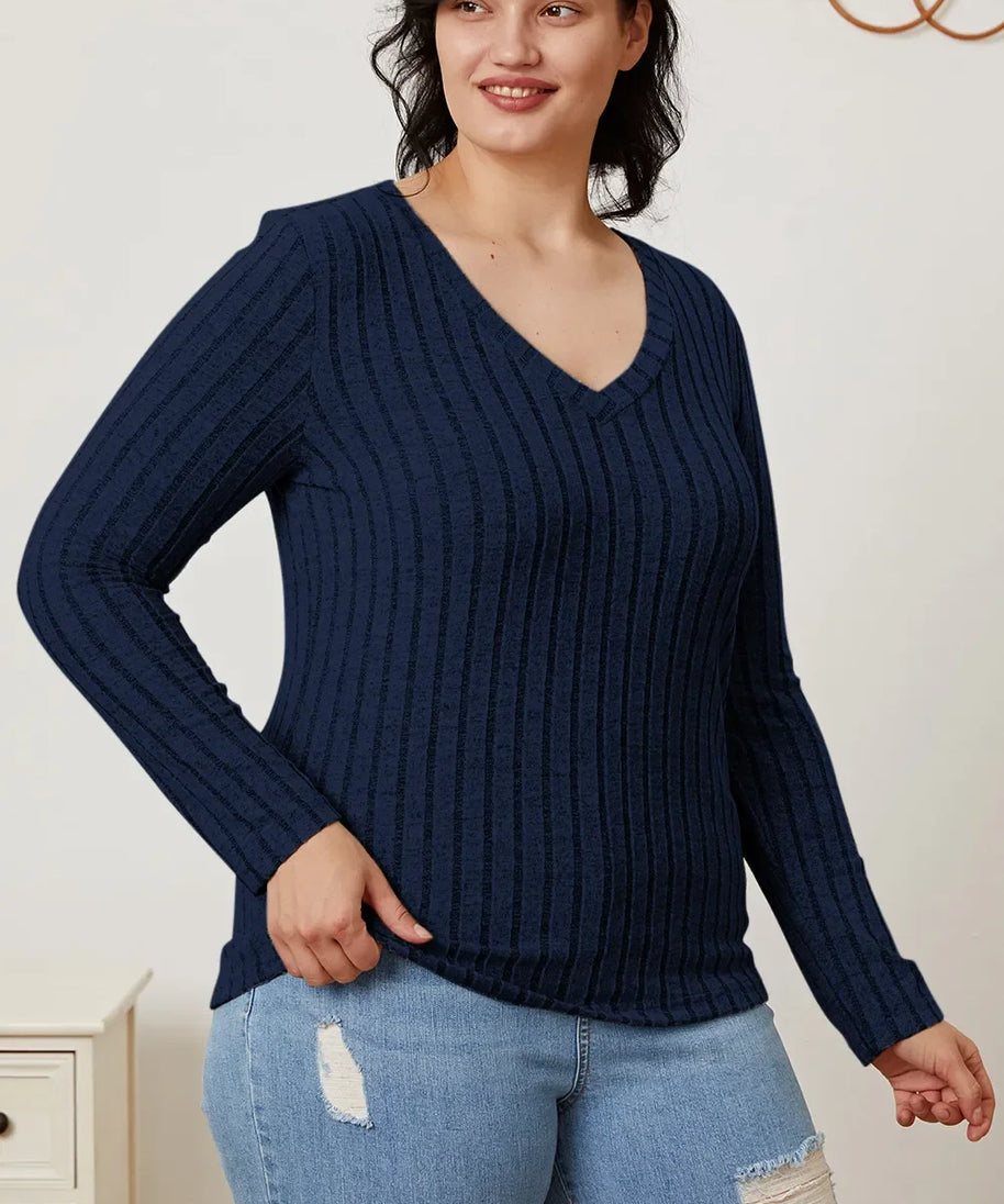Basic Bae Full Size Ribbed V-Neck Long Sleeve T-Shirt