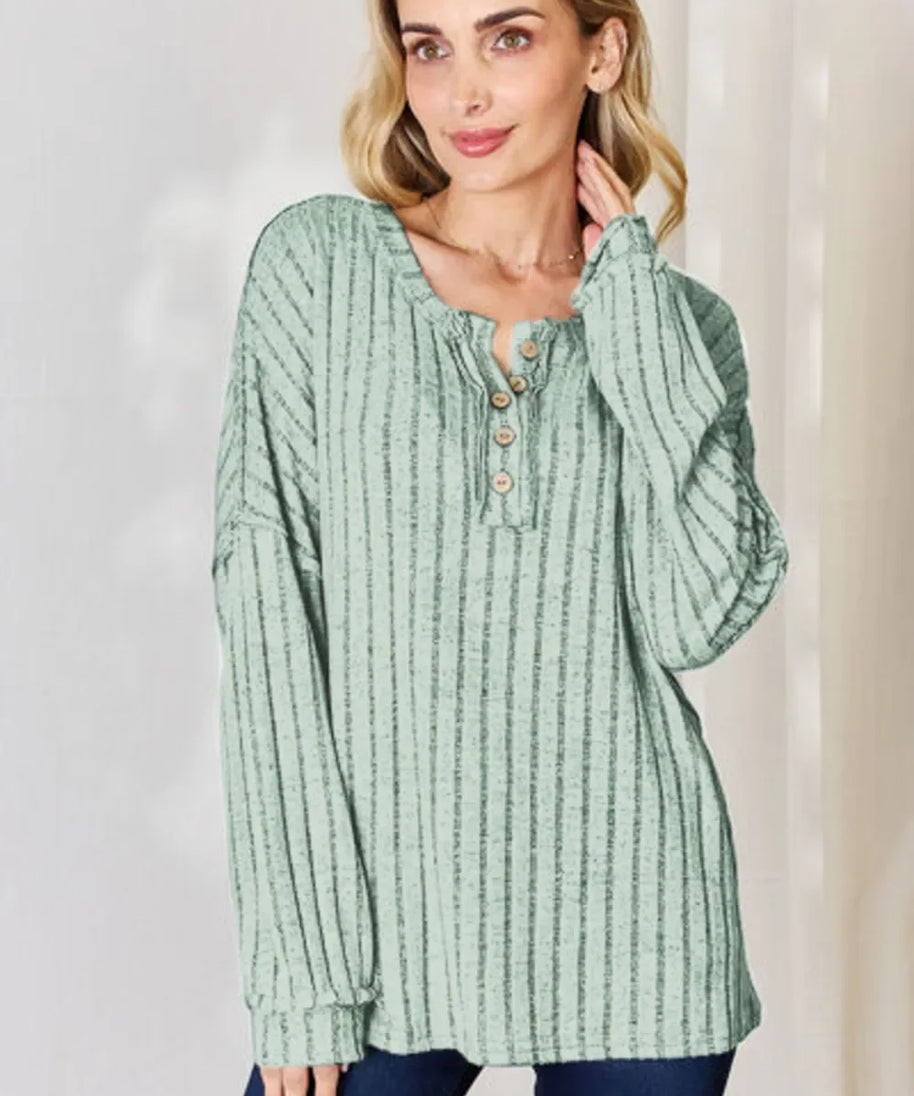 Basic Bae Full Size Ribbed Half Button Long Sleeve T-Shirt