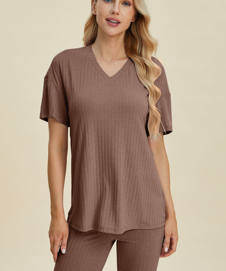Basic Bae Full Size Ribbed V-Neck Short Sleeve Top and Shorts Set