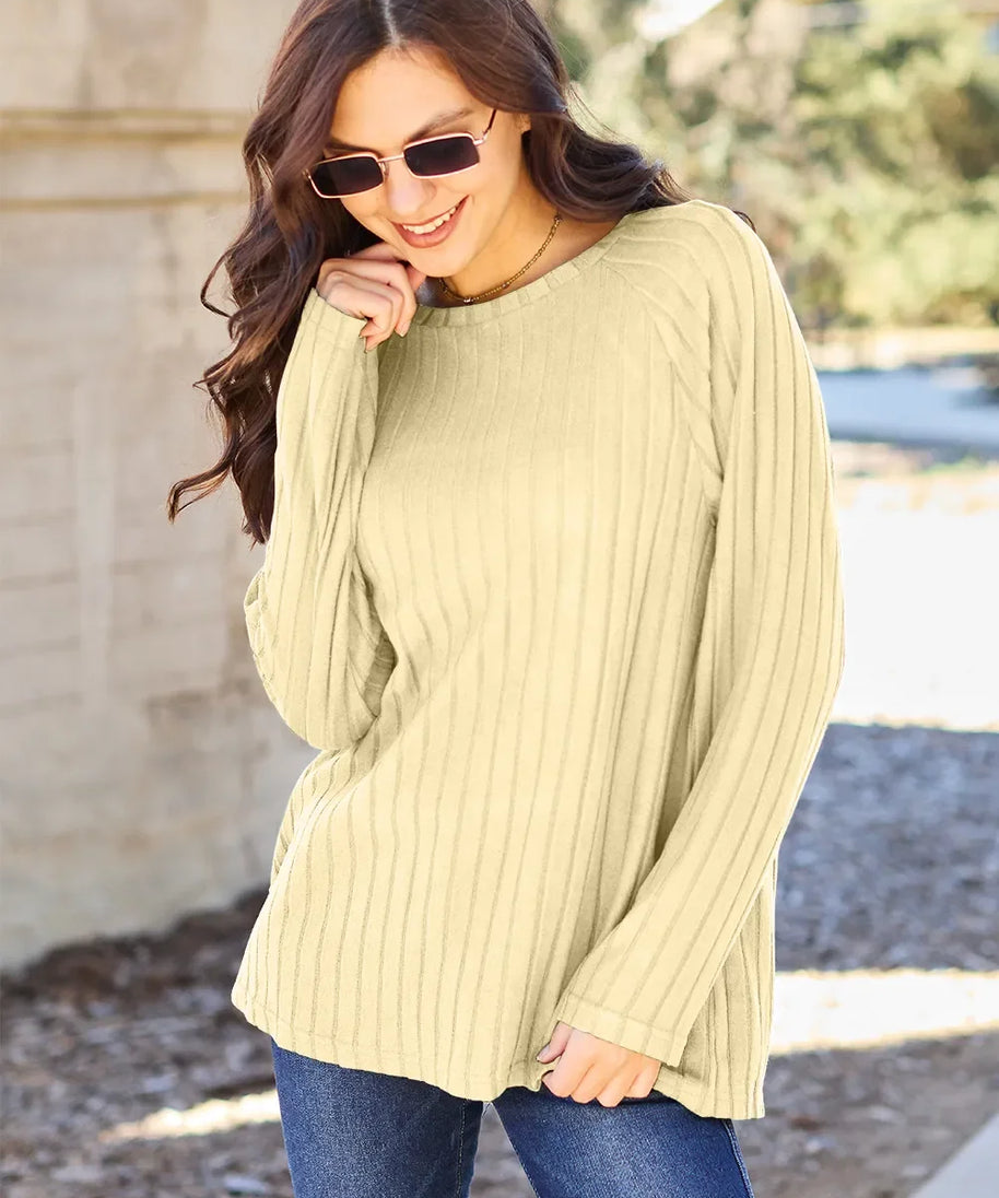 Basic Bae Full Size Ribbed Round Neck Long Sleeve Knit Top