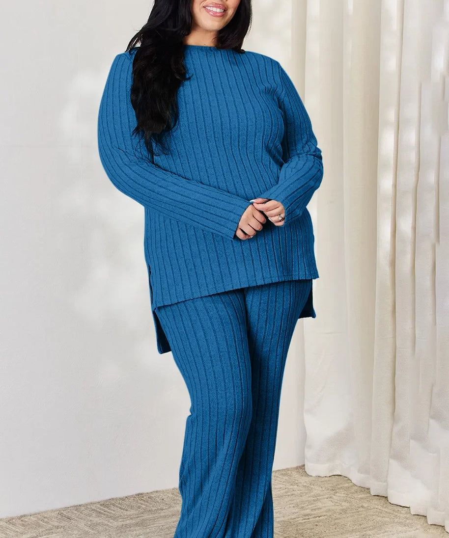 Basic Bae Full Size Ribbed High-Low Top and Wide Leg Pants Set
