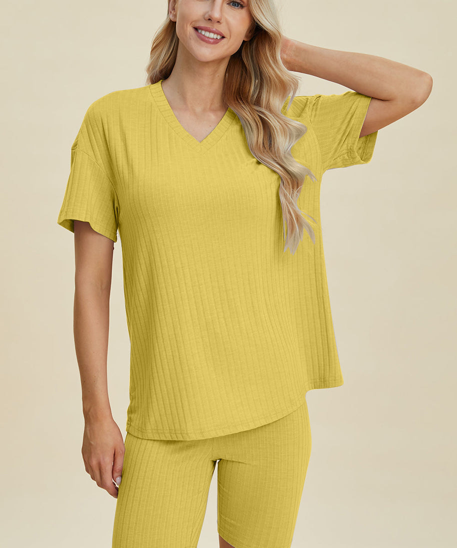Basic Bae Full Size Ribbed V-Neck Short Sleeve Top and Shorts Set