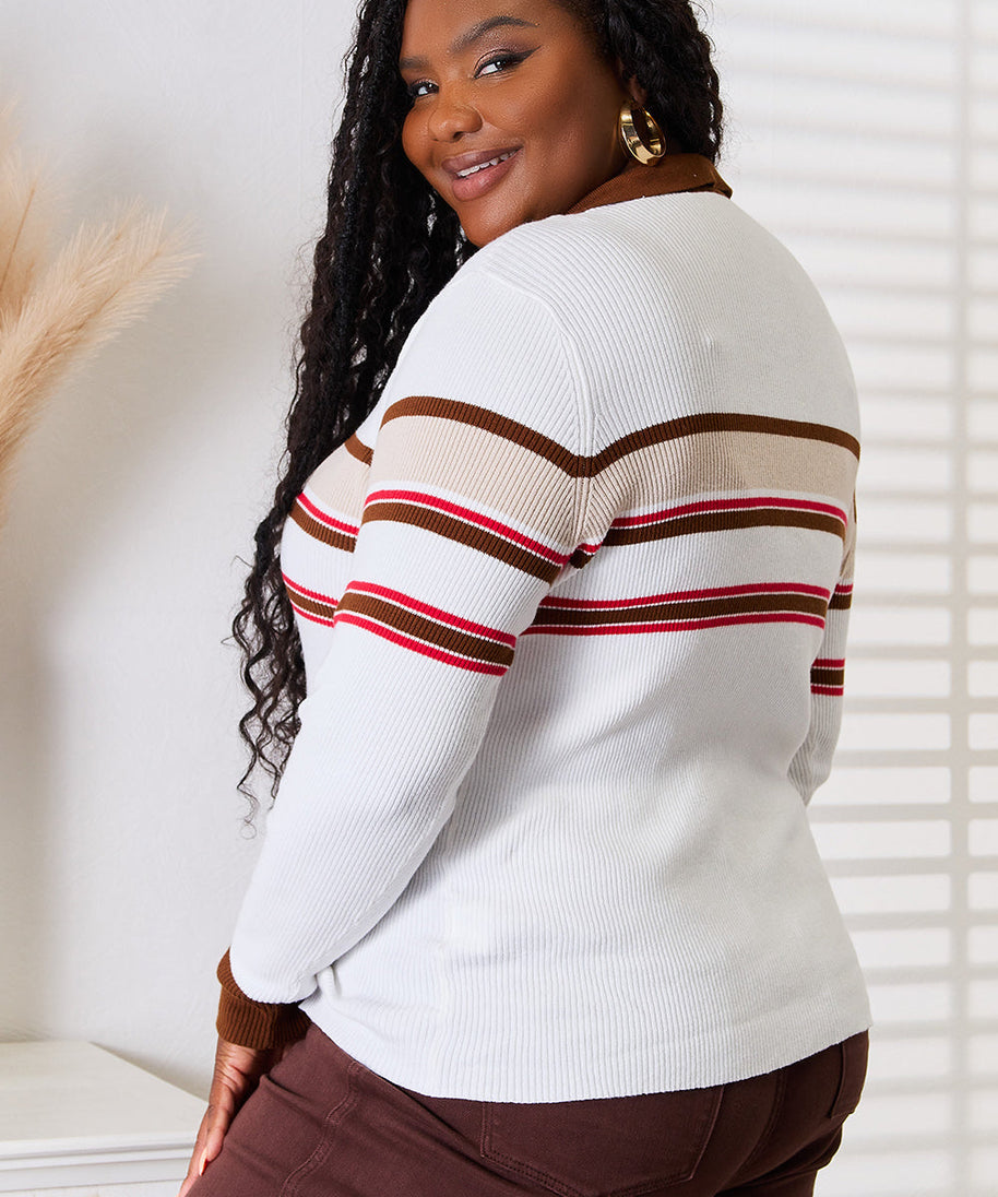 Basic Bae Striped Collared Neck Rib-Knit Top