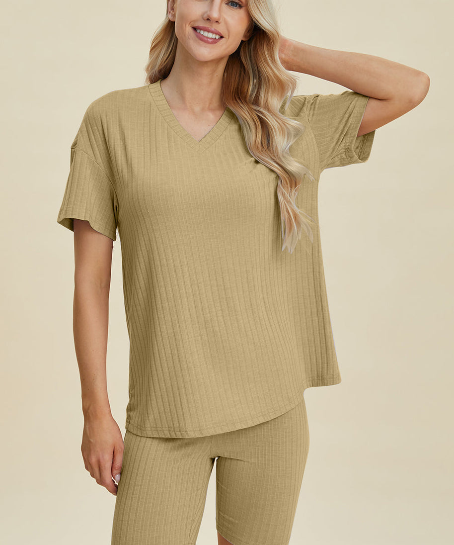 Basic Bae Full Size Ribbed V-Neck Short Sleeve Top and Shorts Set
