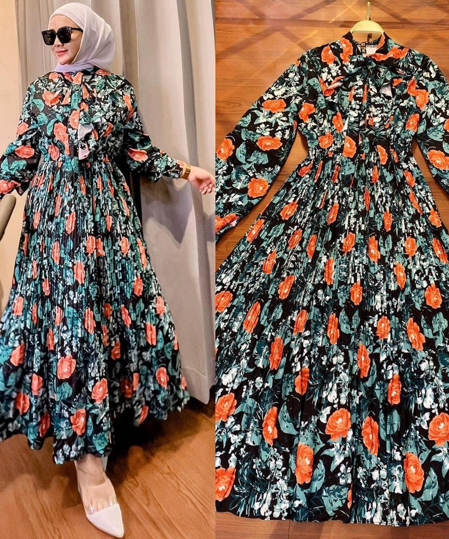 Ruffled Printed Dress for Muslim Malay Indonesians