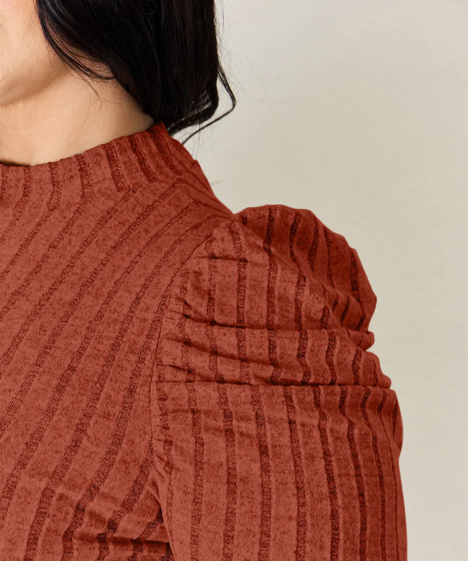 Basic Bae Full Size Ribbed Mock Neck Puff Sleeve T-Shirt