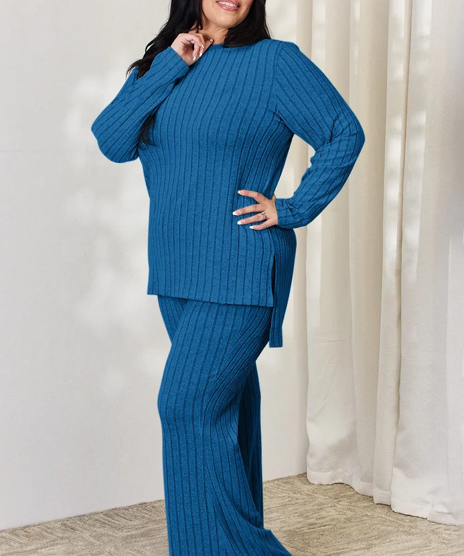 Basic Bae Full Size Ribbed High-Low Top and Wide Leg Pants Set